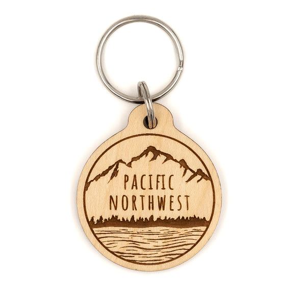 Pacific Northwest Mountains and Waves Wood Keychain